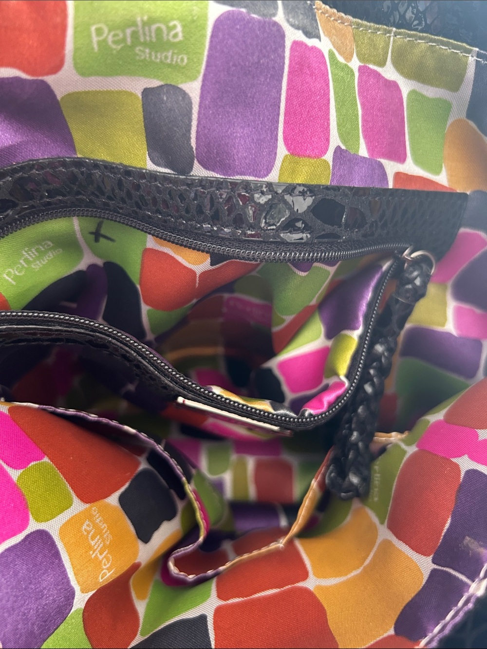 Vintage Y2K Perlina Studio Black Snakeskin Embossed Leather Rope Handle Hobo Bag - Picture 16 of 16
